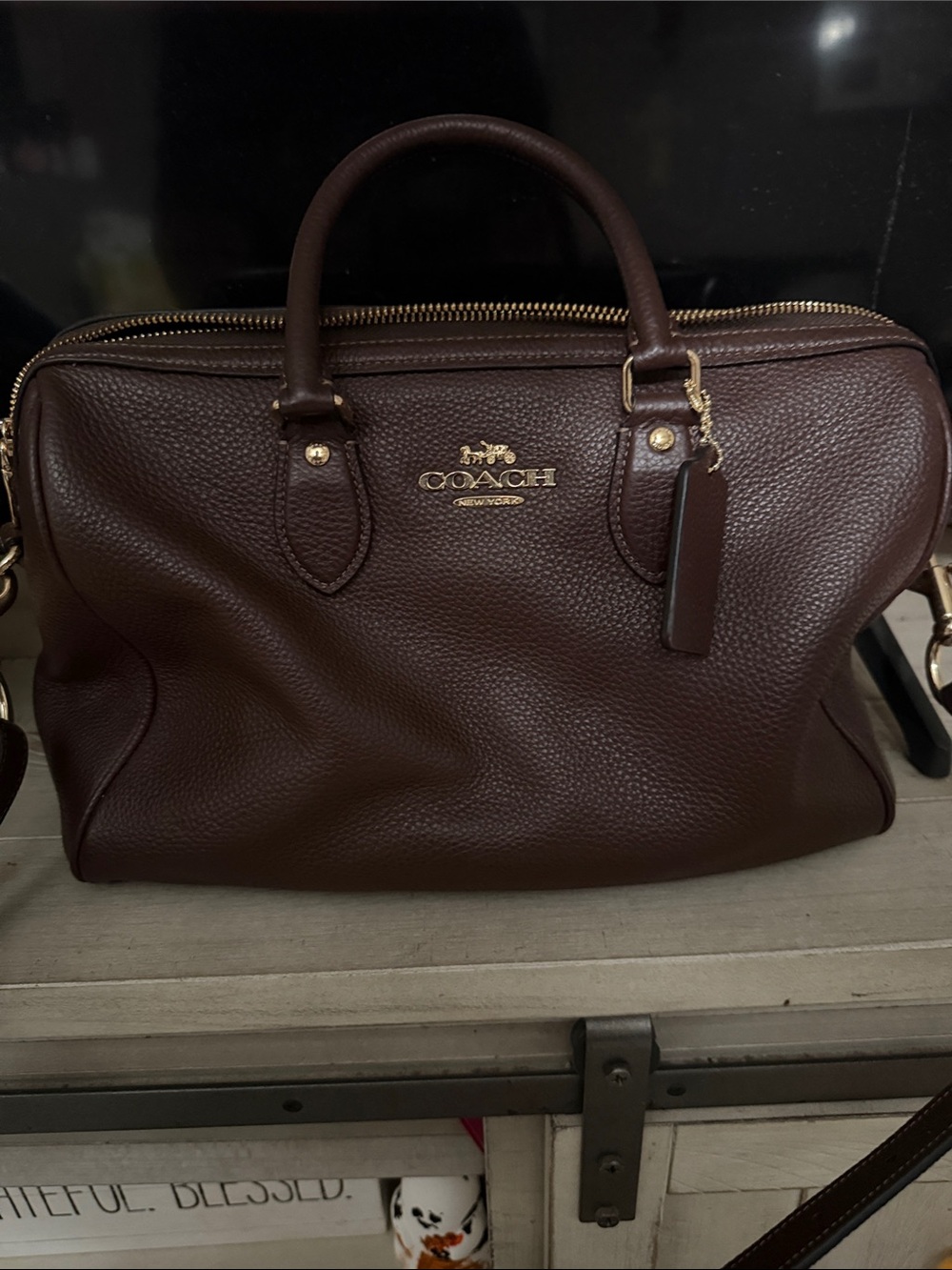Coach women’s large Rowan Dark Brown Pebbled Leather Satchel